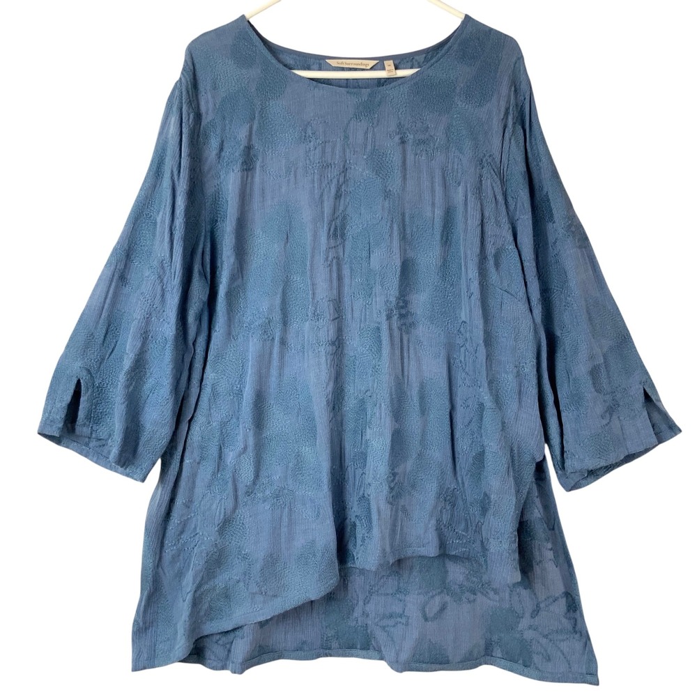 Soft Surroundings Blue Floral Tunic 1X Pullover Scoop Neck 3/4 Sleeve High-Low